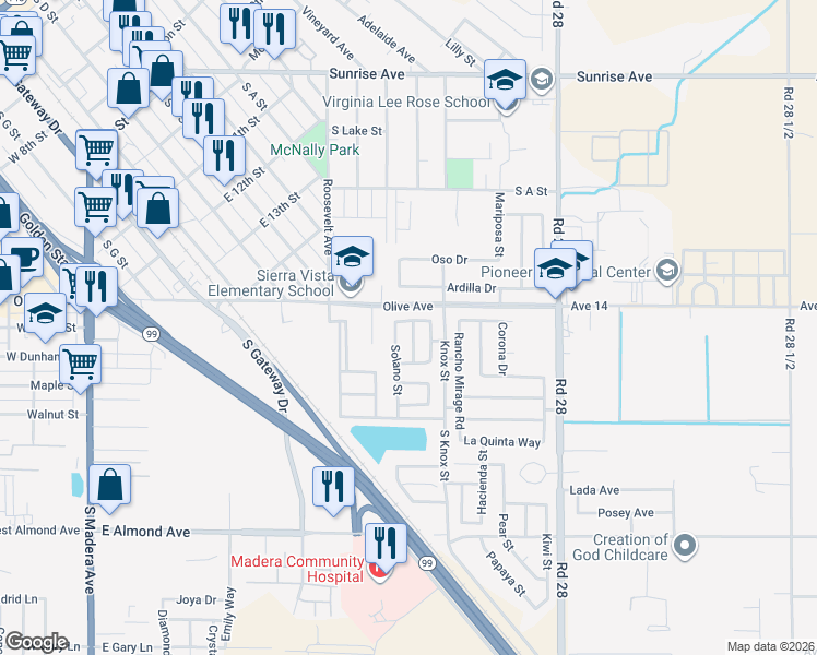 map of restaurants, bars, coffee shops, grocery stores, and more near 48 Peerless Street in Madera