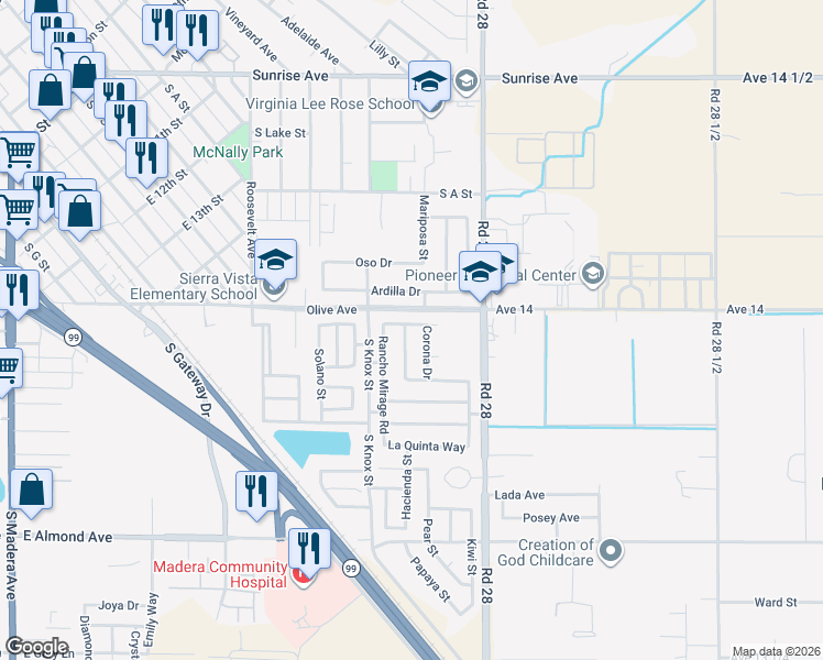map of restaurants, bars, coffee shops, grocery stores, and more near 1383 Loma Linda Lane in Madera