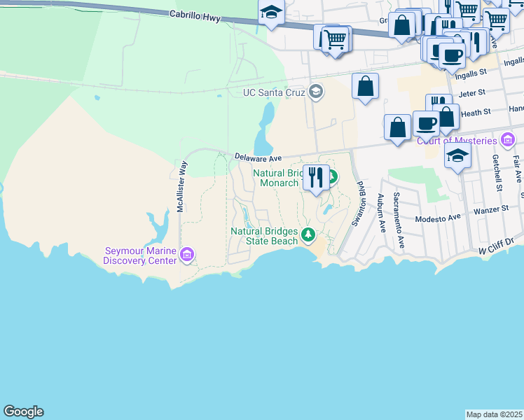 map of restaurants, bars, coffee shops, grocery stores, and more near De Anza Place in Santa Cruz