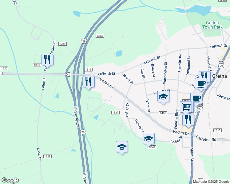 map of restaurants, bars, coffee shops, grocery stores, and more near 601 Vaden Drive in Gretna