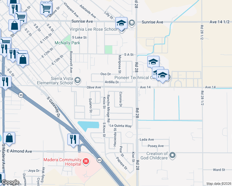 map of restaurants, bars, coffee shops, grocery stores, and more near 1383 Loma Linda Lane in Madera