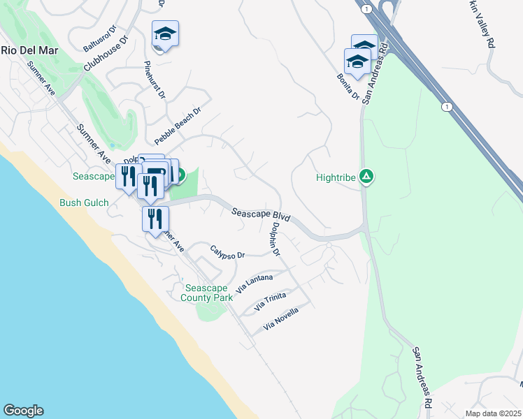 map of restaurants, bars, coffee shops, grocery stores, and more near 129 Don Lorenzo Court in Aptos