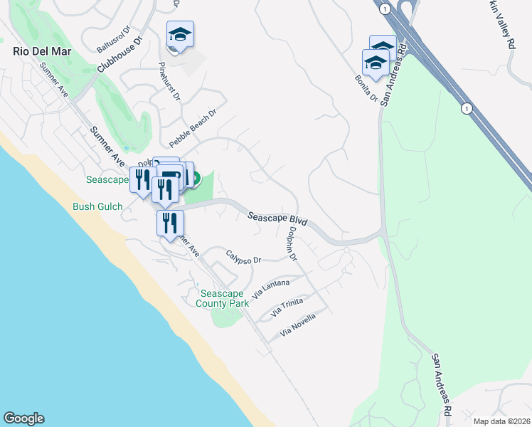 map of restaurants, bars, coffee shops, grocery stores, and more near 129 Don Lorenzo Court in Aptos
