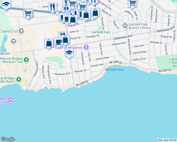 map of restaurants, bars, coffee shops, grocery stores, and more near 253 Sunset Avenue in Santa Cruz