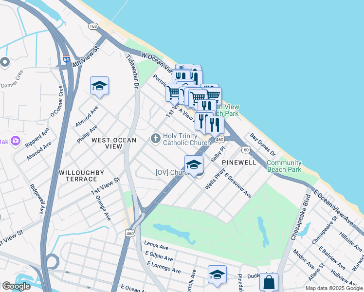 map of restaurants, bars, coffee shops, grocery stores, and more near 130 West Seaview Avenue in Norfolk