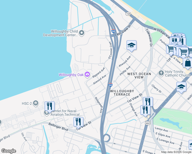 map of restaurants, bars, coffee shops, grocery stores, and more near 9254 Rippard Avenue in Norfolk