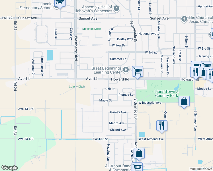 map of restaurants, bars, coffee shops, grocery stores, and more near 70 Makenna Drive in Madera