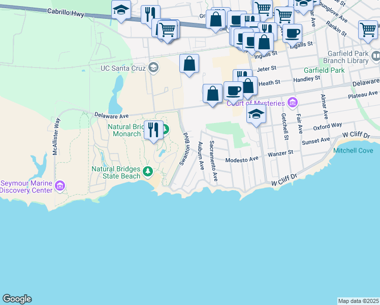 map of restaurants, bars, coffee shops, grocery stores, and more near 211 Auburn Avenue in Santa Cruz