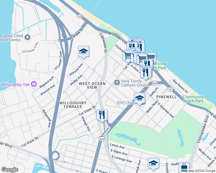 map of restaurants, bars, coffee shops, grocery stores, and more near 9483 1st View Street in Norfolk