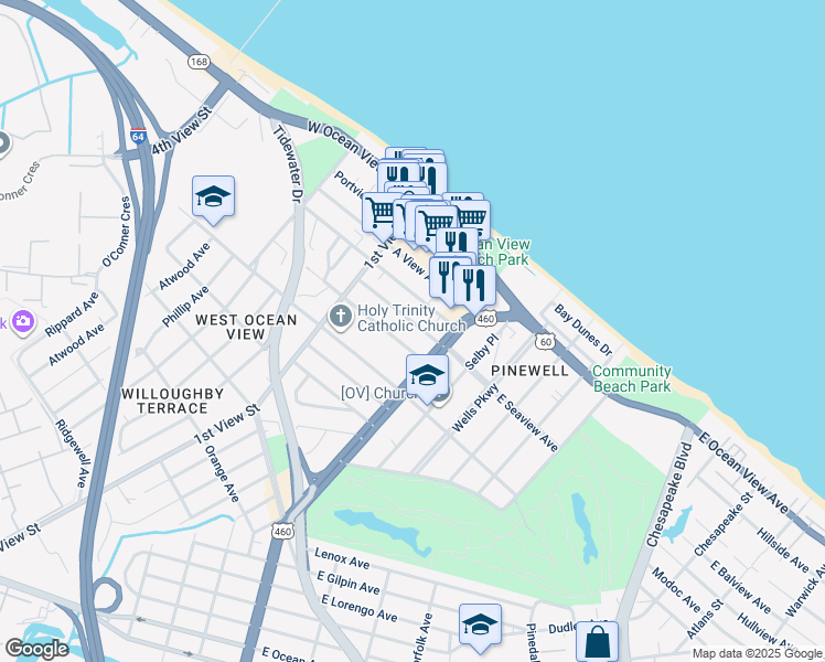 map of restaurants, bars, coffee shops, grocery stores, and more near 123 West Seaview Avenue in Norfolk