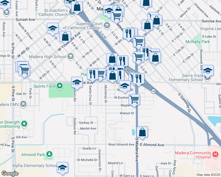 map of restaurants, bars, coffee shops, grocery stores, and more near 312 West Olive Avenue in Madera