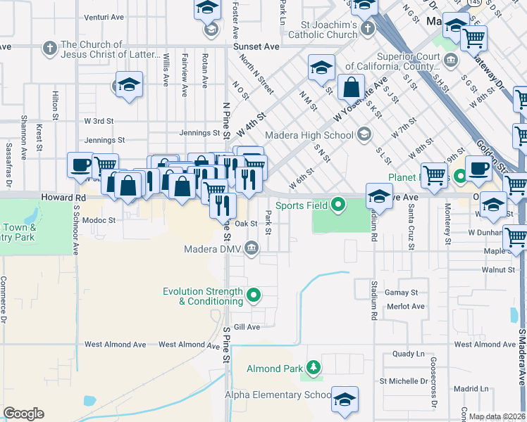 map of restaurants, bars, coffee shops, grocery stores, and more near 1200 West Olive Avenue in Madera