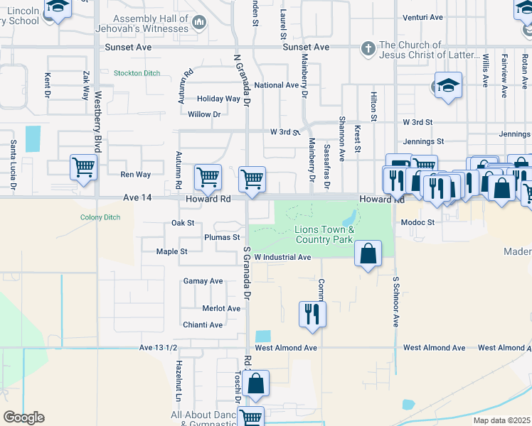 map of restaurants, bars, coffee shops, grocery stores, and more near 115 South Granada Drive in Madera