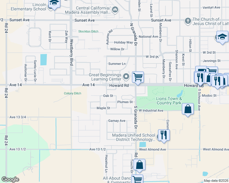 map of restaurants, bars, coffee shops, grocery stores, and more near 19 Saint Tropez Drive in Madera