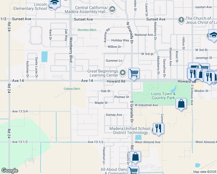 map of restaurants, bars, coffee shops, grocery stores, and more near 2917 Eagle Way in Madera