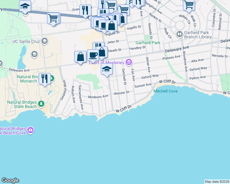 map of restaurants, bars, coffee shops, grocery stores, and more near 216 Swift Street in Santa Cruz