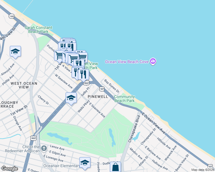 map of restaurants, bars, coffee shops, grocery stores, and more near 315 Bay Dunes Drive in Norfolk