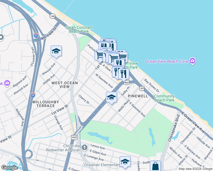 map of restaurants, bars, coffee shops, grocery stores, and more near 130 West Seaview Avenue in Norfolk