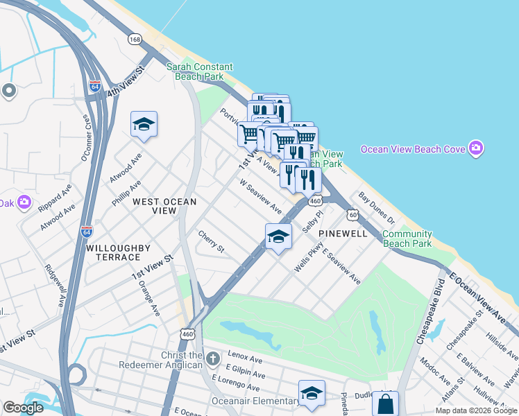 map of restaurants, bars, coffee shops, grocery stores, and more near 130 West Seaview Avenue in Norfolk