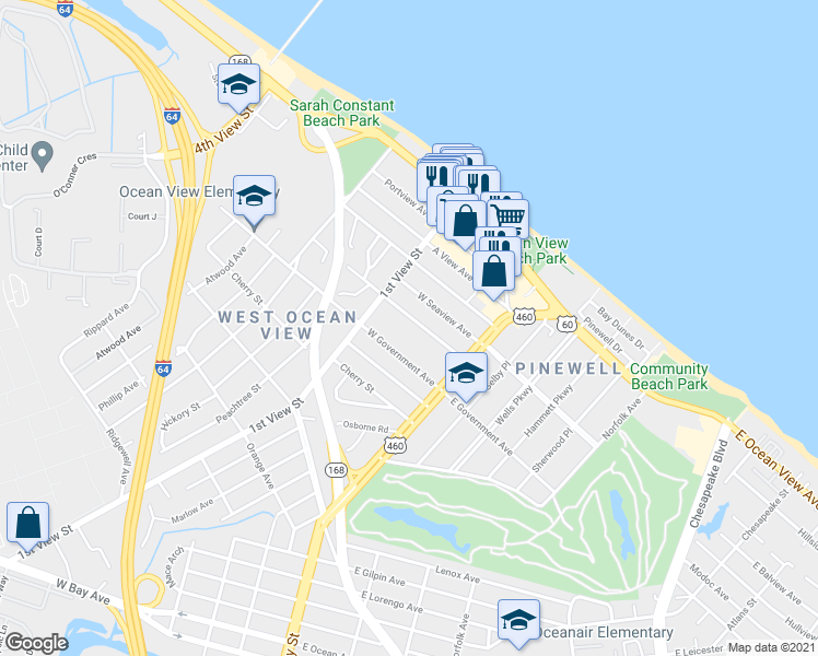map of restaurants, bars, coffee shops, grocery stores, and more near 162 D View Avenue in Norfolk