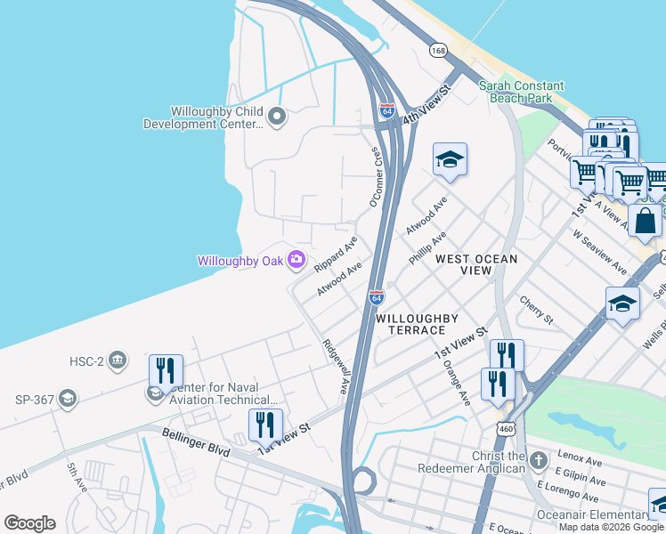 map of restaurants, bars, coffee shops, grocery stores, and more near 9254 Rippard Avenue in Norfolk
