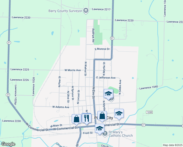 map of restaurants, bars, coffee shops, grocery stores, and more near 305 East Morris Avenue in Pierce City