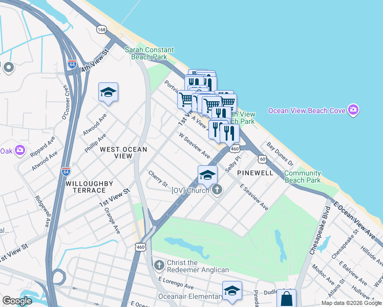 map of restaurants, bars, coffee shops, grocery stores, and more near 130 West Seaview Avenue in Norfolk