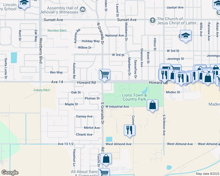 map of restaurants, bars, coffee shops, grocery stores, and more near 115 South Granada Drive in Madera