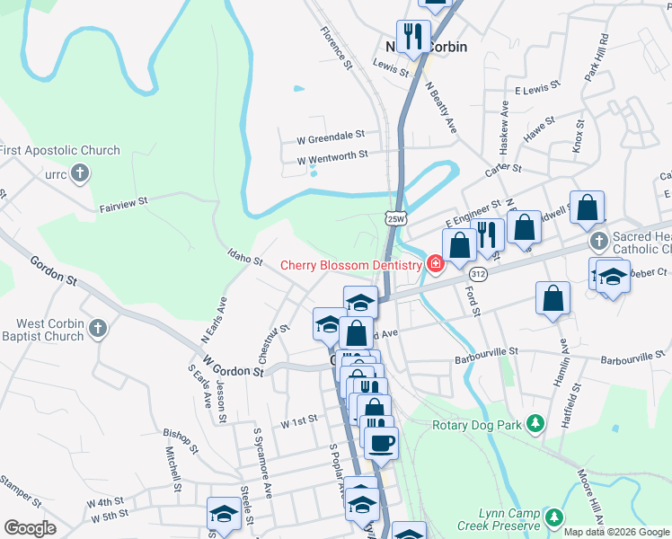 map of restaurants, bars, coffee shops, grocery stores, and more near 201 Union Street in Corbin