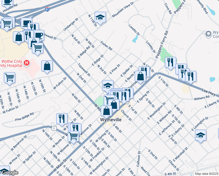 map of restaurants, bars, coffee shops, grocery stores, and more near 330 Tazewell Street in Wytheville