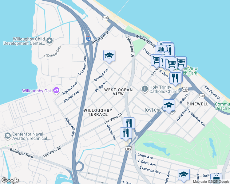 map of restaurants, bars, coffee shops, grocery stores, and more near 9433 Hickory St in Norfolk