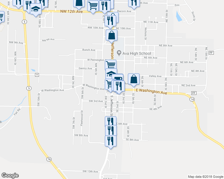 map of restaurants, bars, coffee shops, grocery stores, and more near Missouri 14 in Ava