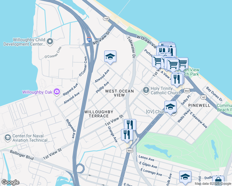 map of restaurants, bars, coffee shops, grocery stores, and more near 9433 Hickory St in Norfolk