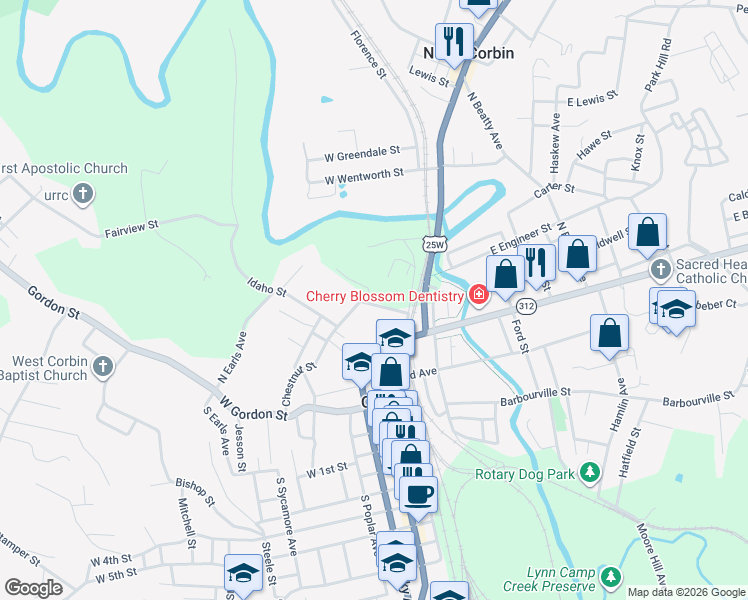 map of restaurants, bars, coffee shops, grocery stores, and more near 201 Union Street in Corbin