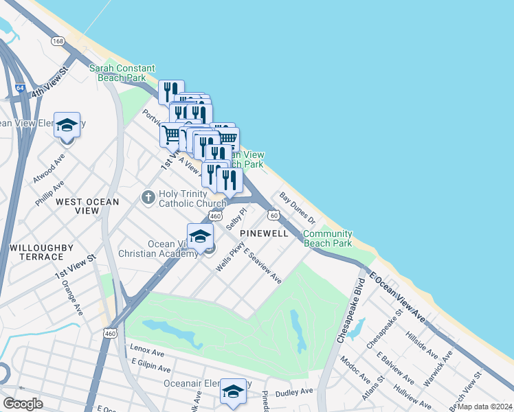 map of restaurants, bars, coffee shops, grocery stores, and more near 203 East Ocean View Avenue in Norfolk