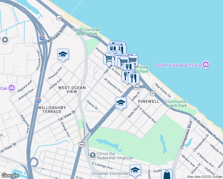 map of restaurants, bars, coffee shops, grocery stores, and more near 130 West Seaview Avenue in Norfolk
