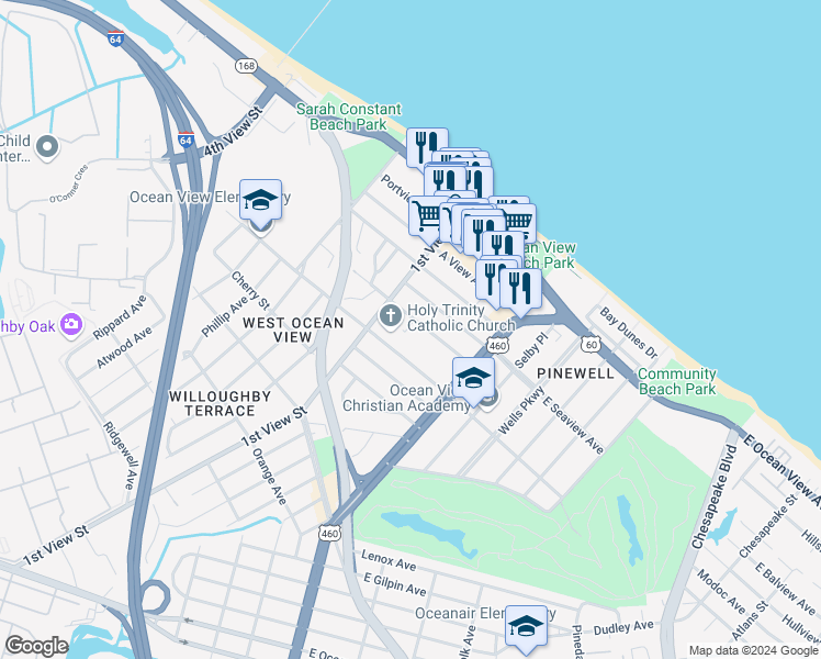 map of restaurants, bars, coffee shops, grocery stores, and more near 162 D View Avenue in Norfolk
