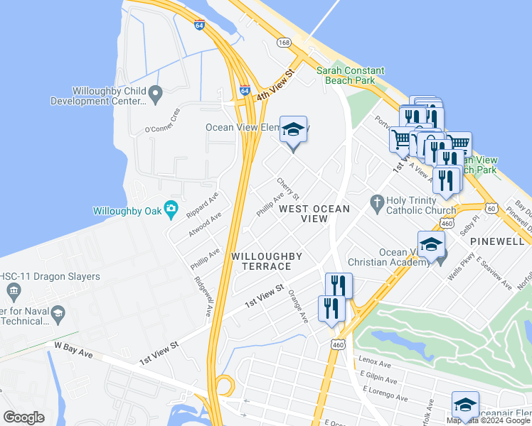 map of restaurants, bars, coffee shops, grocery stores, and more near 324 Maple Avenue in Norfolk