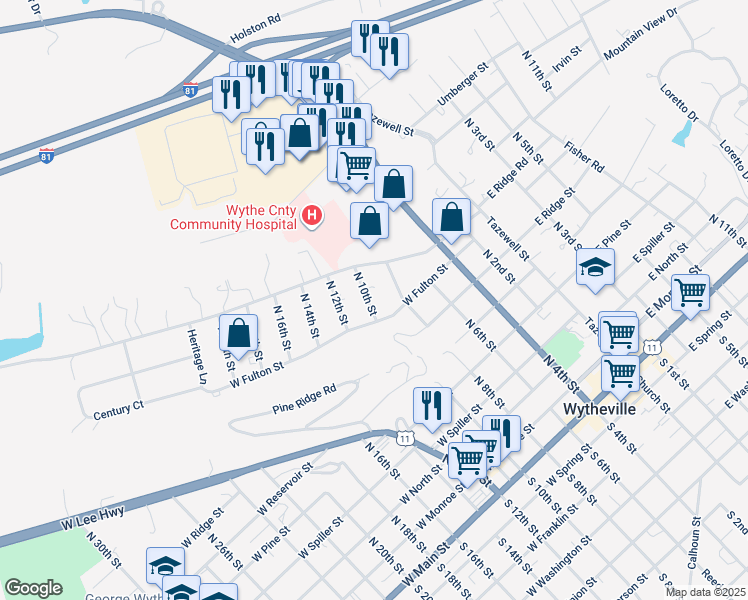 map of restaurants, bars, coffee shops, grocery stores, and more near North 10th Street in Wytheville