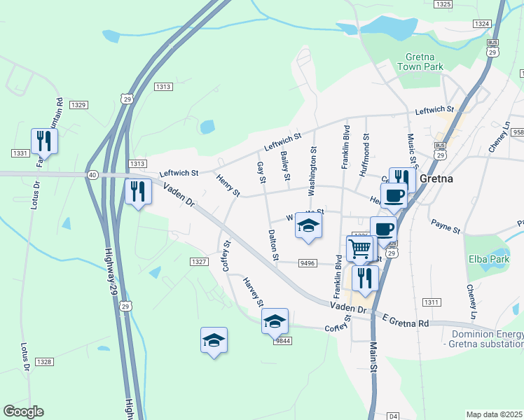 map of restaurants, bars, coffee shops, grocery stores, and more near 104 Dalton Street in Gretna
