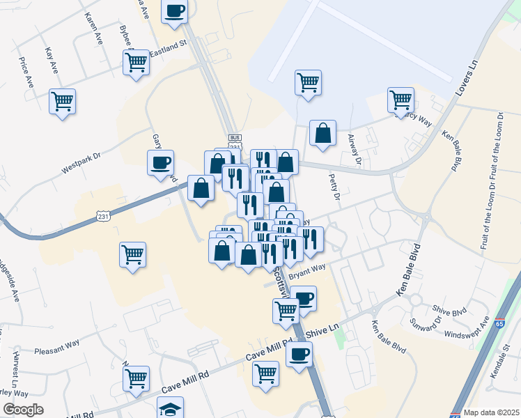 map of restaurants, bars, coffee shops, grocery stores, and more near 2526 Scottsville Road in Bowling Green