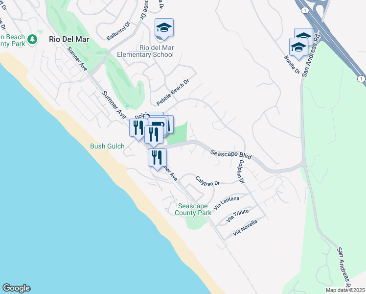 map of restaurants, bars, coffee shops, grocery stores, and more near 1540 Seascape Boulevard in Aptos