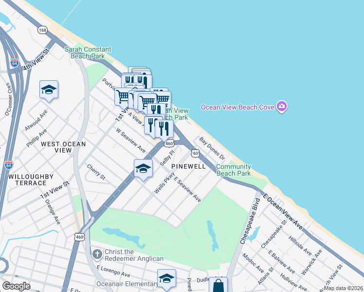 map of restaurants, bars, coffee shops, grocery stores, and more near 203 East Ocean View Avenue in Norfolk