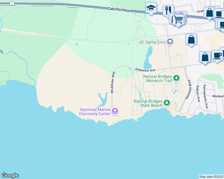map of restaurants, bars, coffee shops, grocery stores, and more near McAllister Way in Santa Cruz