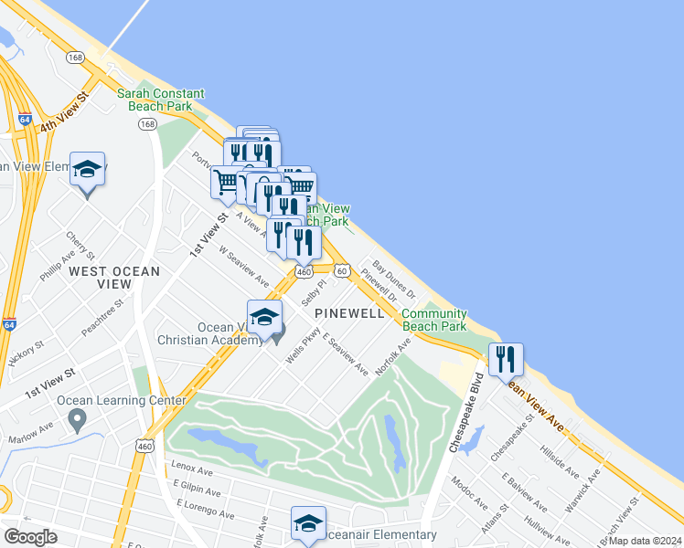 map of restaurants, bars, coffee shops, grocery stores, and more near 203 East Ocean View Avenue in Norfolk