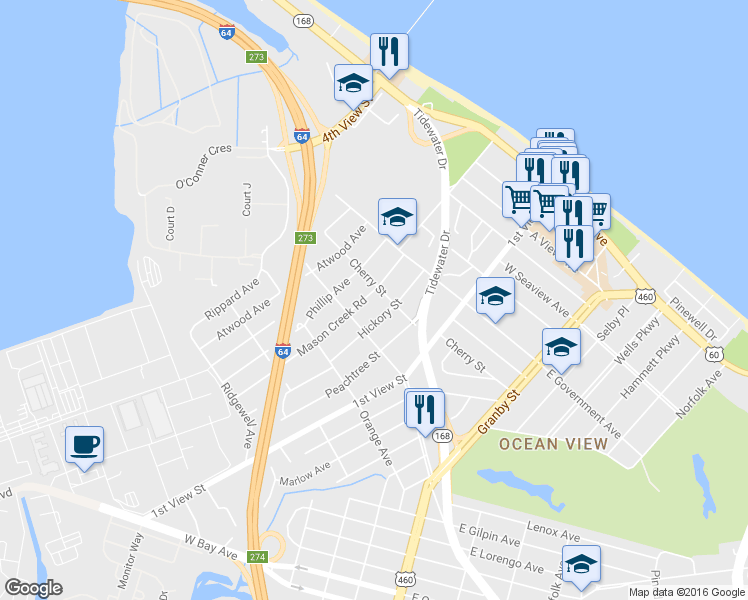 map of restaurants, bars, coffee shops, grocery stores, and more near 9426 Mason Creek Road in Norfolk