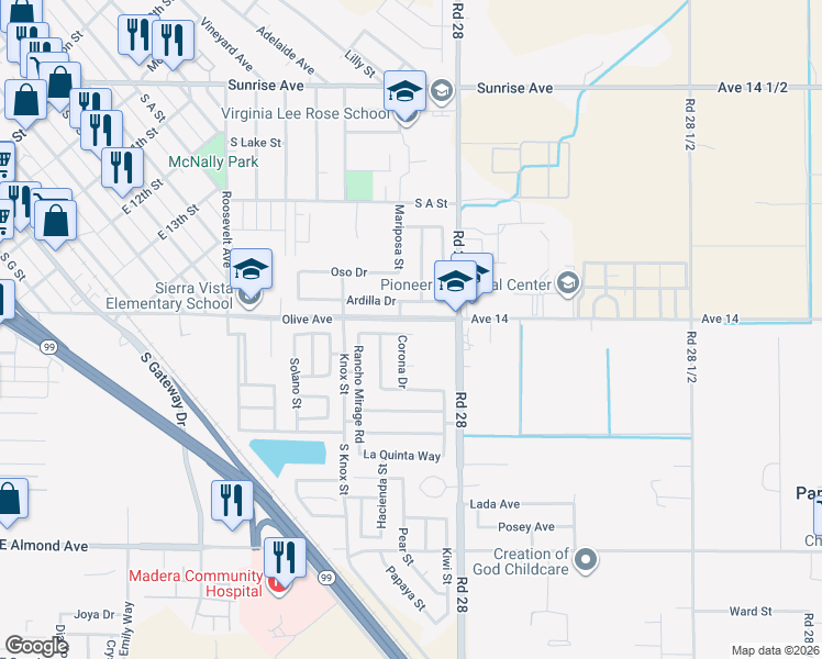 map of restaurants, bars, coffee shops, grocery stores, and more near 1423 Loma Linda Court in Madera