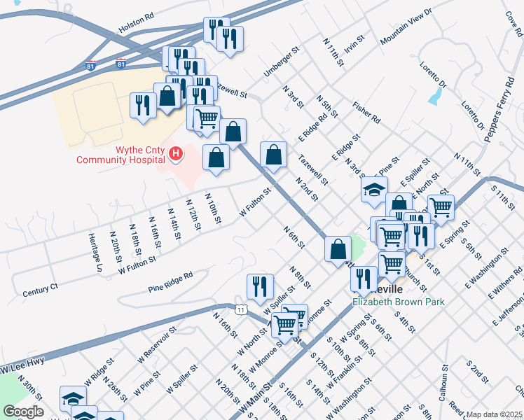 map of restaurants, bars, coffee shops, grocery stores, and more near 755 North 6th Street in Wytheville