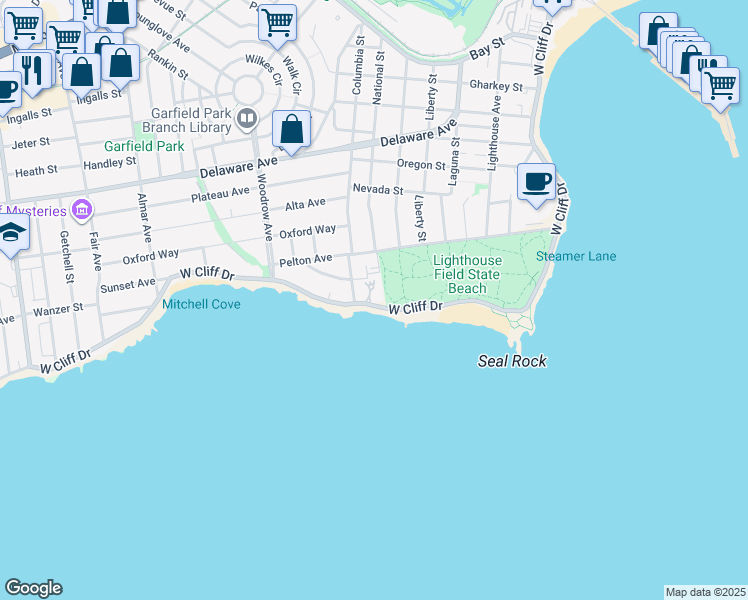 map of restaurants, bars, coffee shops, grocery stores, and more near 880 West Cliff Drive in Santa Cruz