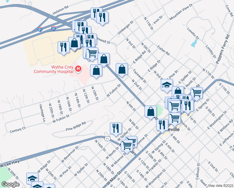 map of restaurants, bars, coffee shops, grocery stores, and more near 755 North 6th Street in Wytheville